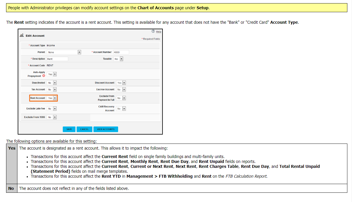 Rent Account Setting