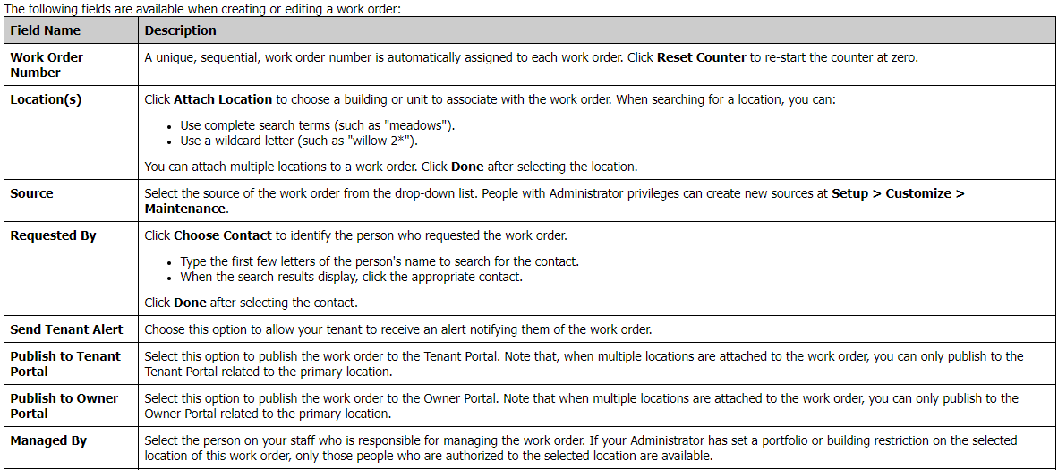 Creating/Editing Work Orders